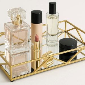 1 Mirrored Glass Vanity Tray Gold Metal Decorative Tray Perfume Cosmetic Makeup Storage Organizer Bedroom Bathroom Countertop