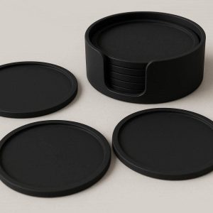 Silicone Coasters Set Non Slip Flexible Rubber Drink Cup Mat Soft Table Protector Tray With Holder Black Minimalist