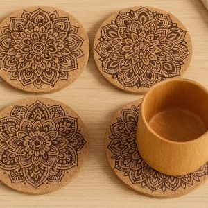 13 Decorative Printed Cork Coasters Set Round Absorbent Wooden Cup Mats Mandala Pattern Table Protector Pack For Gift