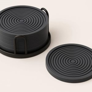 14 Deep Grooved Silicone Coasters Thick Nonslip Rubber Drink Mat Waterproof Table Protector Set With Metal Holder Gray