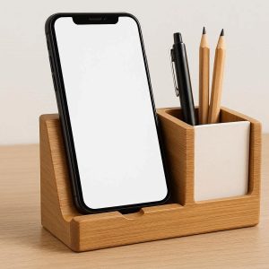 Wooden Desktop Phone Stand Natural Bamboo Cellphone Cradle Holder Minimalist Office Desk Stationery Storage Stand Brown