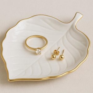 4 Ceramic Trinket Dish Gold Edge Small Leaf Decorative Tray Jewelry Ring Holder Plate Vanity Dresser Organizer