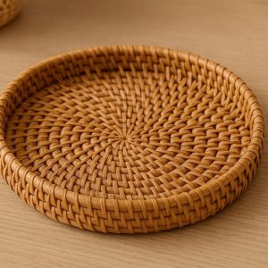 Rattan Woven Decorative Tray Small Round Wicker Serving Plate Boho Coaster Mat Organizer For Coffee Table Kitchen